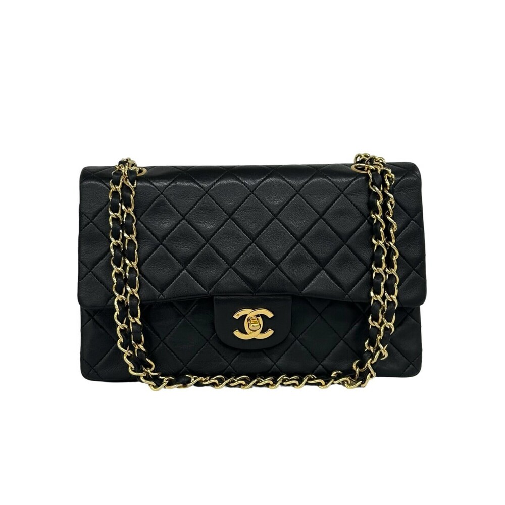 CHANEL Vintage Matelassé Coco Mark Double Flap Lambskin Shoulder Bag Black 32541